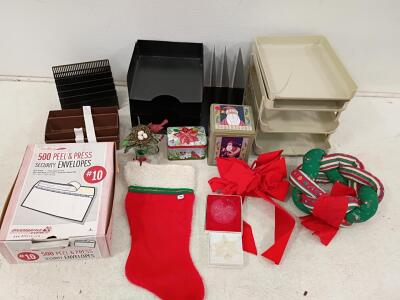 Office Organizers Set, 400+ #10 Envelopes, Christmas Stocking, Wreath & Holiday Decor Lot Assorted Office, School, and Household Supplies Bulk Lot &ndash; 30+ Items, Mixed Condition