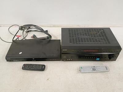 Sony STR-DE598 AV Receiver & Toshiba SD-K620 DVD Player with Remotes and Cables Both Turn On