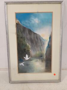 Framed Landscape Painting with Mountain, Sunrise, and Birds, Silver Frame, 33x23in