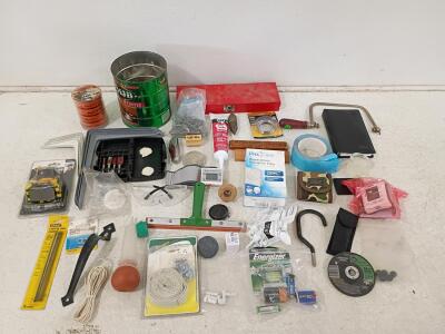 Comprehensive Tool and Hardware Lot with Red Metal Toolbox, 35+ Items, Various Brands