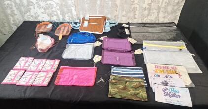 (6) Kid's Wallets, (3) Kid's Plastic Crossbody Bags, (3) Kid's Plastic Fanny Packs, (5) Assorted Inflatable Zippered Bags, (6) Assorted Zippered Pencil / Pen Bags & (5) Plastic Zippered Document Bags