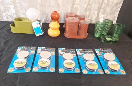 (1) LED Organizer Lamp, (2) Small Ceramic Vases, (2) 4-Piece Plastic Container Sets, (1) 4-Piece Bathroom Soap Dispenser & Cup Set & (5) 4-Piece Furniture Slider Sets