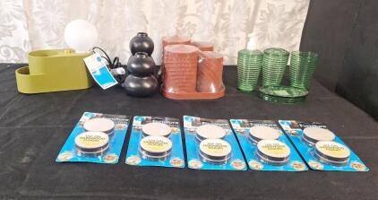 (1) LED Organizer Lamp, (2) Small Ceramic Vases, (2) 4-Piece Plastic Container Sets, (1) 4-Piece Bathroom Soap Dispenser & Cup Set & (5) 4-Piece Furniture Slider Sets