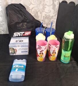 (1) SKT HP Roller Skate Bag, Black, (1) Pair Of Kid's Sport Kneepads, (4) Assorted Plastic Tumblers W/ Lid & Straw, (10) Plastic Cups, (1) Water Bottle& (1) Medium Reusable Ice Pack