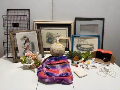 Misc Home Lot: John James Audubon "Common Crossbill" Framed Print, 21.75" x 15" , Ring door pad, Letter holder, Frames