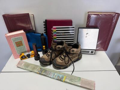 Misc Lot: (2)Large Pioneer Leatherette Photo Album, Hiking Boots, Kitchen scale,Chain Protectors, Flashlights & more