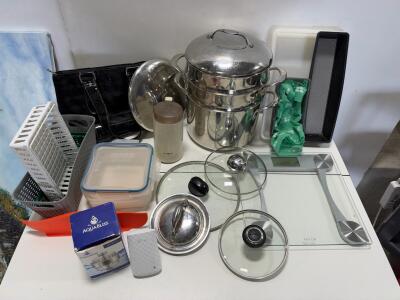 Misc Kitchen Lot: Stainless Steel Multi-Pot Set with Steamer & Strainer Inserts, Approx. 8-12 Qt Capacity