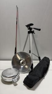 Aluminum Camera Tripod, Pan-Tilt Head, Fishing Pole and Carrying Case