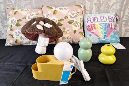 (1) LED Organizer Lamp, (2) Small Ceramic Vases, (1) Mushroom Novelty Pillow & (3) Decorative Throw Pillows