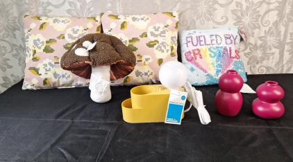 (1) LED Organizer Lamp, (2) Small Ceramic Vases, (1) Mushroom Novelty Pillow & (3) Decorative Throw Pillows