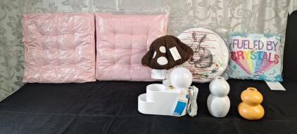 (1) LED Organizer Lamp, (2) Small Ceramic Vases, (1) Mushroom Novelty Pillow, (2) Chair Cushions & (2) Decorative Throw Pillows