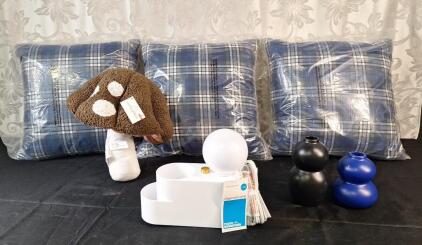 (1) LED Organizer Lamp, (2) Small Ceramic Vases, (1) Mushroom Novelty Pillow & (3) Decorative Throw Pillows