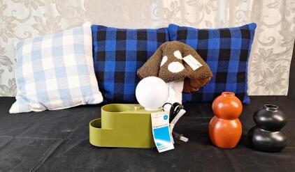 (1) LED Organizer Lamp, (2) Small Ceramic Vases, (1) Mushroom Novelty Pillow & (3) Decorative Throw Pillows