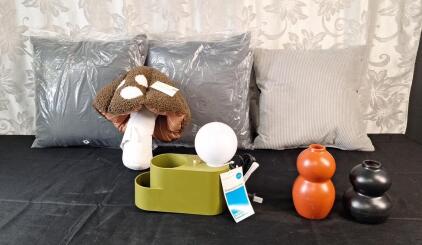 (1) LED Organizer Lamp, (2) Small Ceramic Vases, (1) Mushroom Novelty Pillow & (3) Decorative Throw Pillows