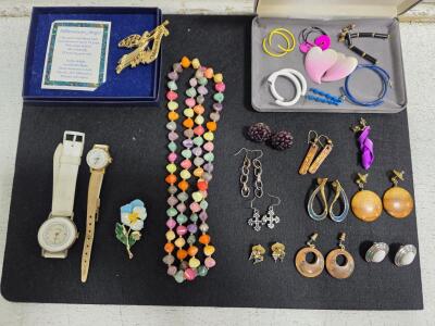 Vintage Costume Jewelry Lot, 2 Eden Watches, Earrings, Brooches, Necklace
