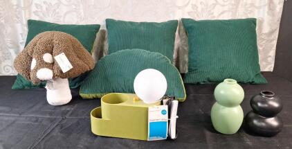 (1) LED Organizer Lamp, (2) Small Ceramic Vases, (1) Mushroom Novelty Pillow & (4) Decorative Throw Pillows