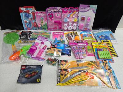 Large Assorted Lot of 21 New Sealed Toys & Games: LEGO, Play Sets, Archery, Water Gun, Dinosaurs
