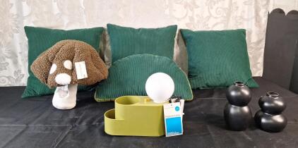 (1) LED Organizer Lamp, (2) Small Ceramic Vases, (1) Mushroom Novelty Pillow & (4) Decorative Throw Pillows