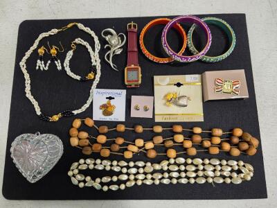 Mixed Vintage Costume Jewelry Lot &ndash; Necklaces, Bangles, Pins, Watch, Brooch, Trinket Box, 13+ Pieces