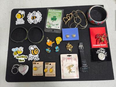 Assorted Costume Jewelry Lot: Brooches, Pins, Earrings, Necklace, Watch, Bracelets, Stickers, Keychain