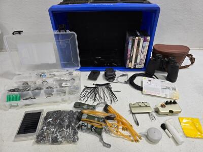 Large Outdoor & Survival Gear Lot w/ Binoculars, DVDs, Camo Slingshots, Tool Kit, Blue Storage Tote
