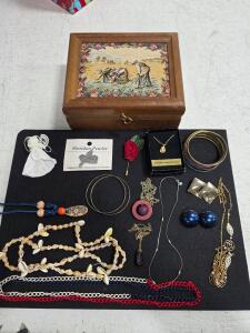 Vintage Jewelry Lot w/ Wood Tapestry Box &ndash; Opal Necklace, Sheridan Pewter, Bangles, Shells, Earrings