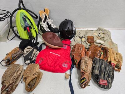 Mixed Lot: Bauer Hockey Skates, Baseball Gloves (Wilson, Mizuno), Fishing Vest, Helmet