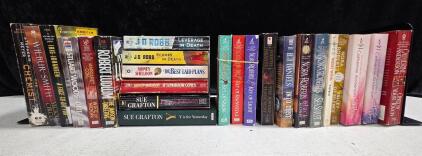 25 Book Mixed Paperback Lot: Nora Roberts, J.D. Robb, Sue Grafton, Romance & Thriller Novels
