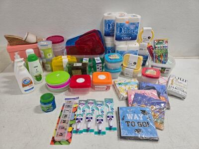 Bulk Lot 30+ Household, Kitchen, Personal Care & Stationery Items &ndash; Daisy Tissue, Food Containers, Colgate