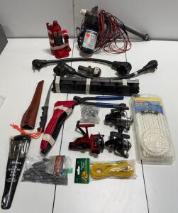 Mixed lot: Fishing gear, 2-Inch Trailer Hitch Ball, RV converter plugs, Powerflow Water pump & more