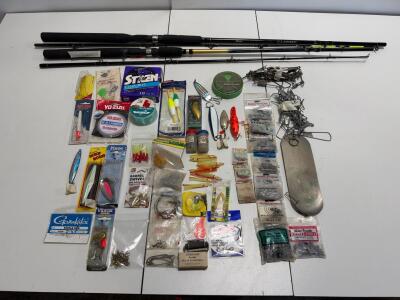 Vintage Fishing Tackle Lot: Okuma Rod, Lures, Hooks, Line, Accessories