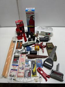 Mixed Lot: Torin 2 Ton Hydraulic Jack, Townsend Fish Skinner, First Alert Extinguisher, Tackle