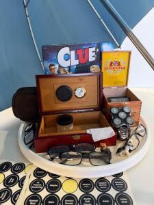 Mixed Lot: Clue Board Game, Humidor, Rothschild Baccarat Cigar Box, 4 Reading Glasses, Sticker Sheets