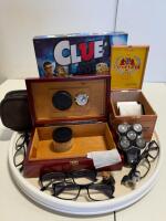 Mixed Lot: Clue Board Game, Humidor, Rothschild Baccarat Cigar Box, 4 Reading Glasses, Sticker Sheets - 3