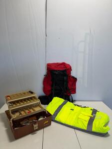 Plano Three-Tray Tackle Box w/ Gear, Red Backpack, Diamond 4X Hi-Vis Jacket (ANSI Class 3)