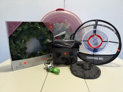 Mixed Holiday & Sporting Lot: 24" Pre-Lit Wreath, Schwinn Bag, Sterilite Case, Golf Chipping Net