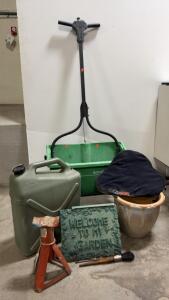 Garden Lot: Scotts AccuGreen 1000 Drop Spreader, 18" Spread Width, 5,000 sq. ft. Capacity, Garden Sign, Ceramic Pot, Water can, Jack Stand
