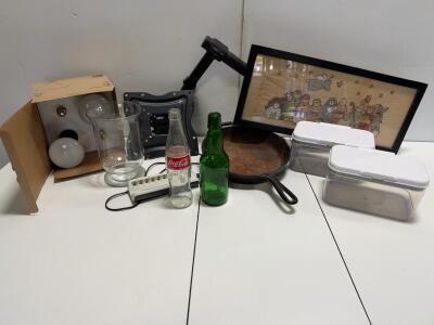 Misc Lot: Lodge 10.25" Cast Iron Skillet USA Made, Dual Handles, Needs Restoration Ecosmart light bulbs, atV stand, Storage containers