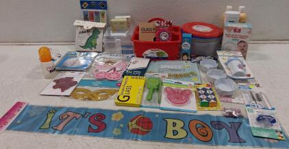 Assorted Baby & Household Lot: 25+ Items, Pacifiers, Decor, Olay, Party Supplies, Brand New