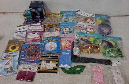 Assorted Party and Office Supplies Lot: GE Lightbulbs, Decorations, Masks, Balloons