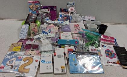 Bulk Lot Party Supplies, Phone Accessories, Banners, Balloons, Mugs, New Packaging