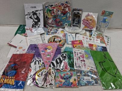 Assorted Party Supplies Lot - Batman, Barbie, Disney, Marvel, Invitations, Decorations, Baby Bottle