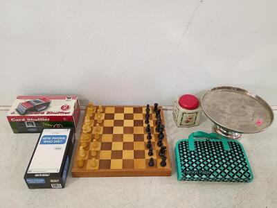 Standard Wooden Chess Set, 15" Board, Complete Pieces, Classic Design, Automatic Card Shuffler, Game: New Phone Who This