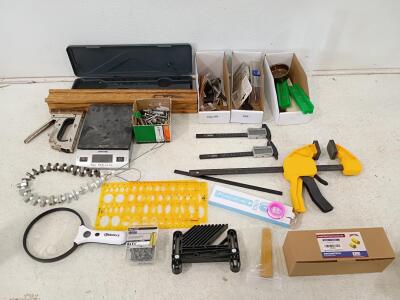 Mixed Workshop Tools Lot w/ Digital Calipers, Trigger Clamp, Scale, Connectors, Screws, Templates