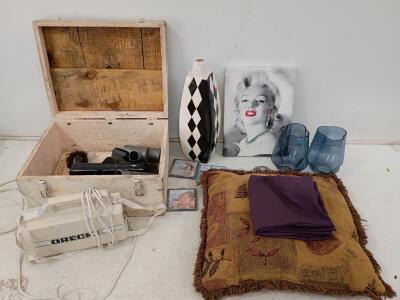 Oreck XL Canister Vacuum (Working), Rustic Chest, Modern Vase, Monroe Art, & Mixed Decor Lot