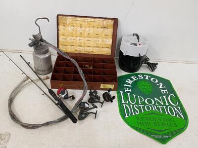 Vintage Lawson LP-79 Organizer, Fishing Rods & Reels, Shop-Vac, Paint Sprayer, Firestone Sign Lot