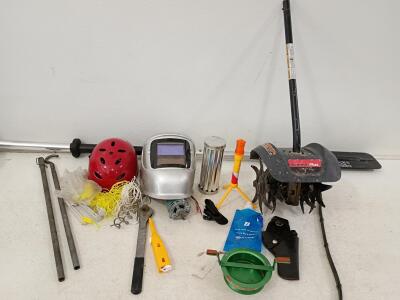 TrimmerPlus GC720 Cultivator Attachment, Bucks Bags Paddle, Welding Helmet & Gear Lot