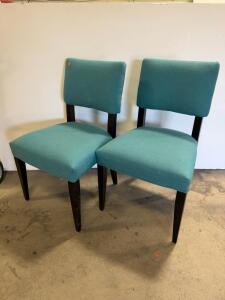 Pair of Teal Upholstered Dining Chairs with Dark Wood Legs, Modern Design