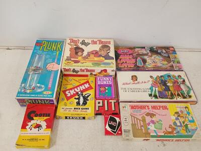 Vintage 1970s-1980s Board & Card Game Lot &ndash; Barbie, KerPlunk, What Shall I Be, Cootie, UNO, More
