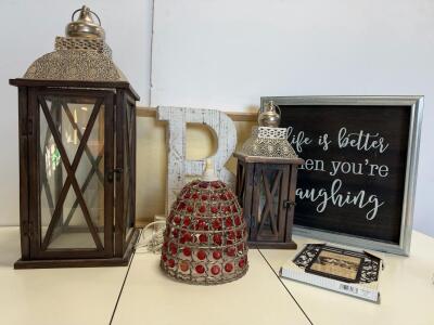 Rustic Home D&eacute;cor Lot: 2 Wood & Glass Lanterns, Wall Art, Pendant Lamp ** Tested**, Frame, Letter B